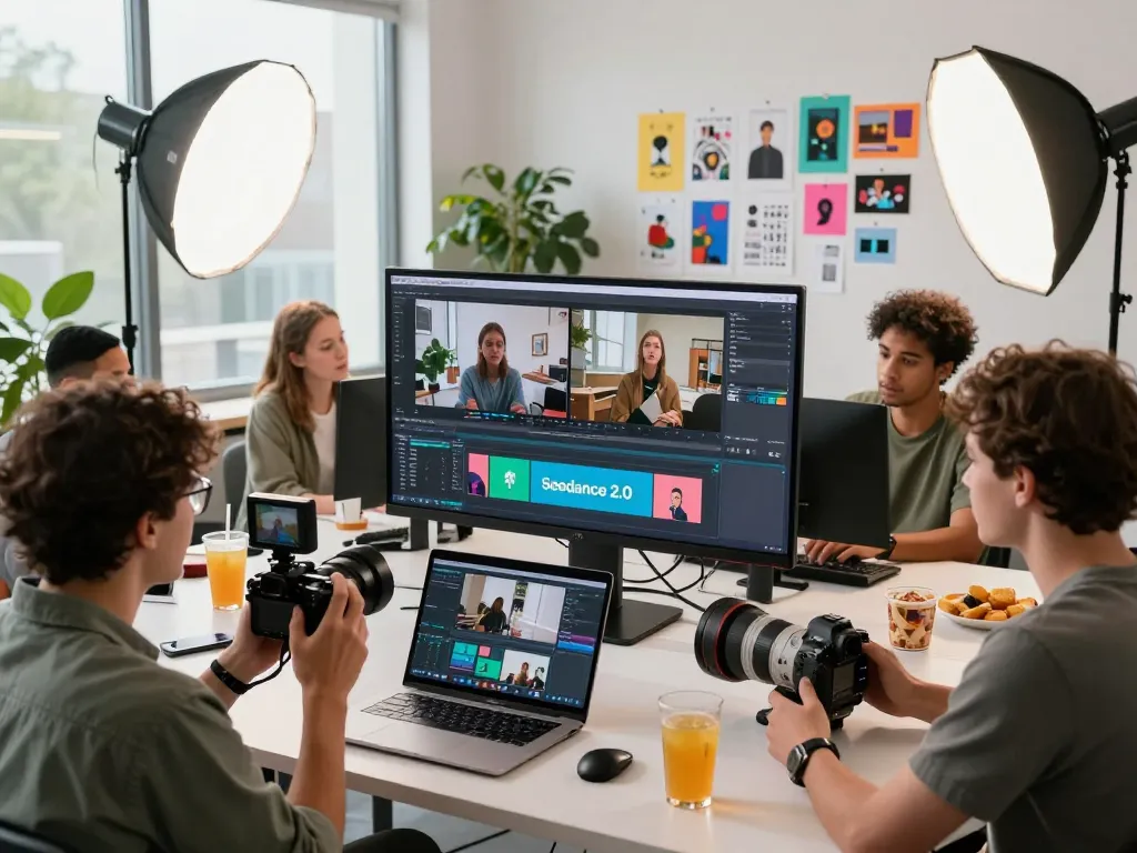 Team creating AI videos with ai seedance 2.0 in a dynamic studio setting.