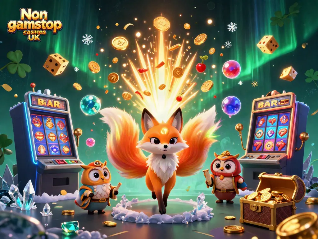 Experience the thrill of Non gamstop casinos UK with vibrant characters and dazzling casino elements in this 3D digital art.