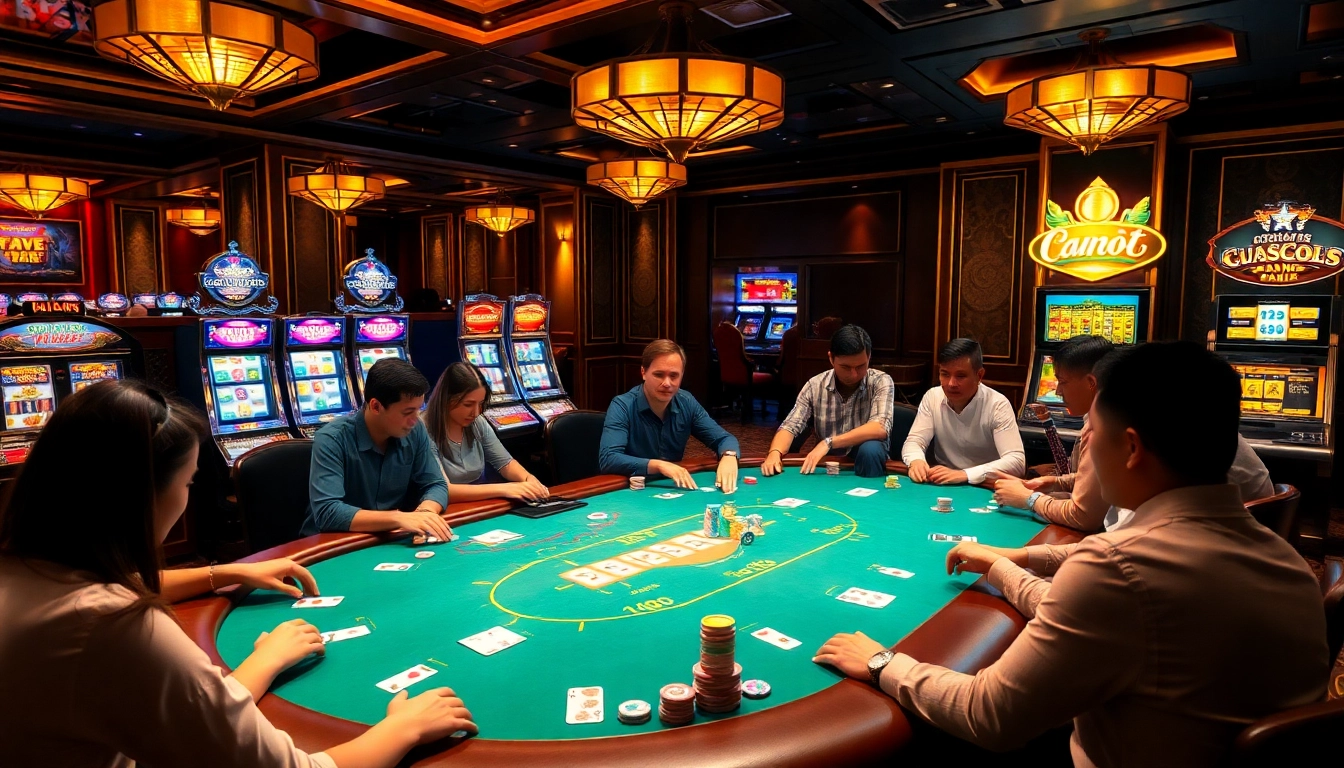 Players enjoying a high-stakes poker game at https://jtg88.com/, surrounded by vibrant casino elements.