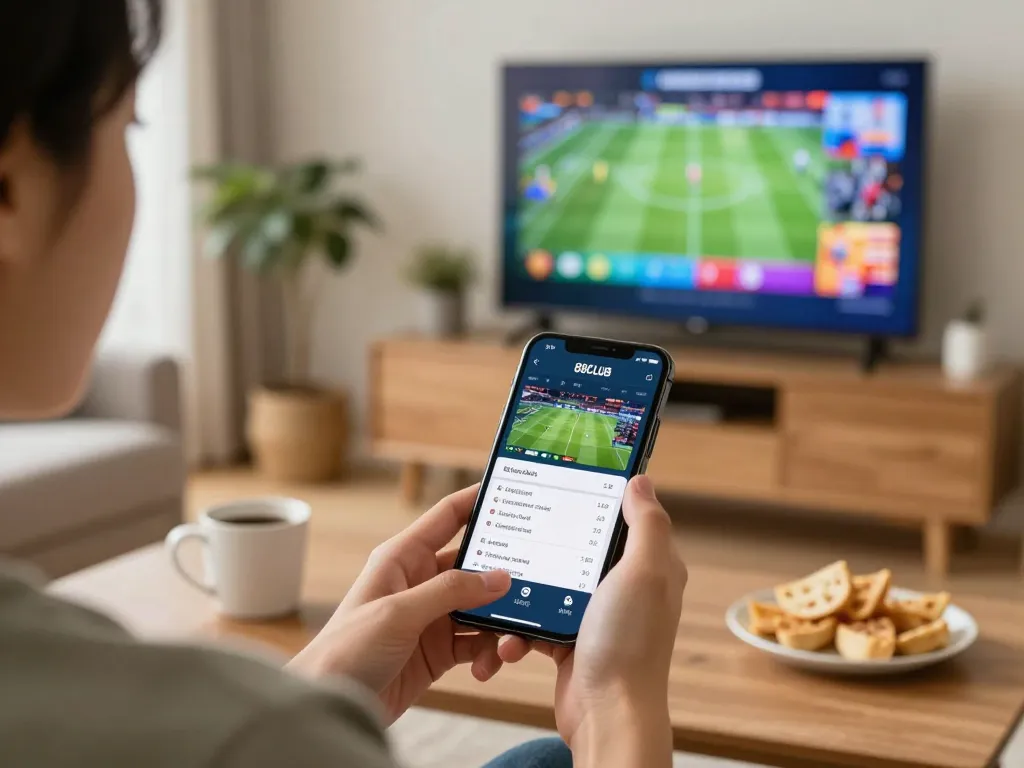 Betting on sports using the 88CLUB app on a smartphone in a stylish home environment.