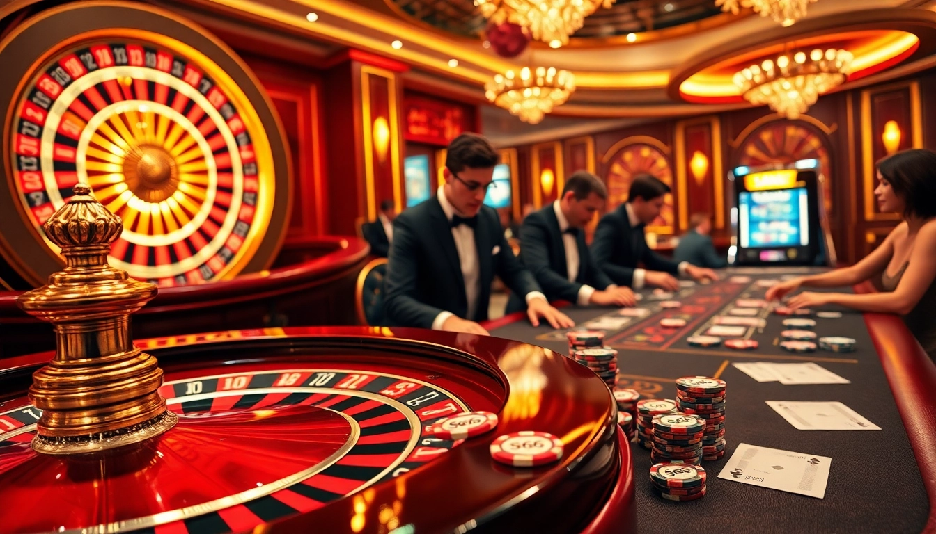 S666 casino scene showcasing luxury gambling tables with poker chips and a roulette wheel.