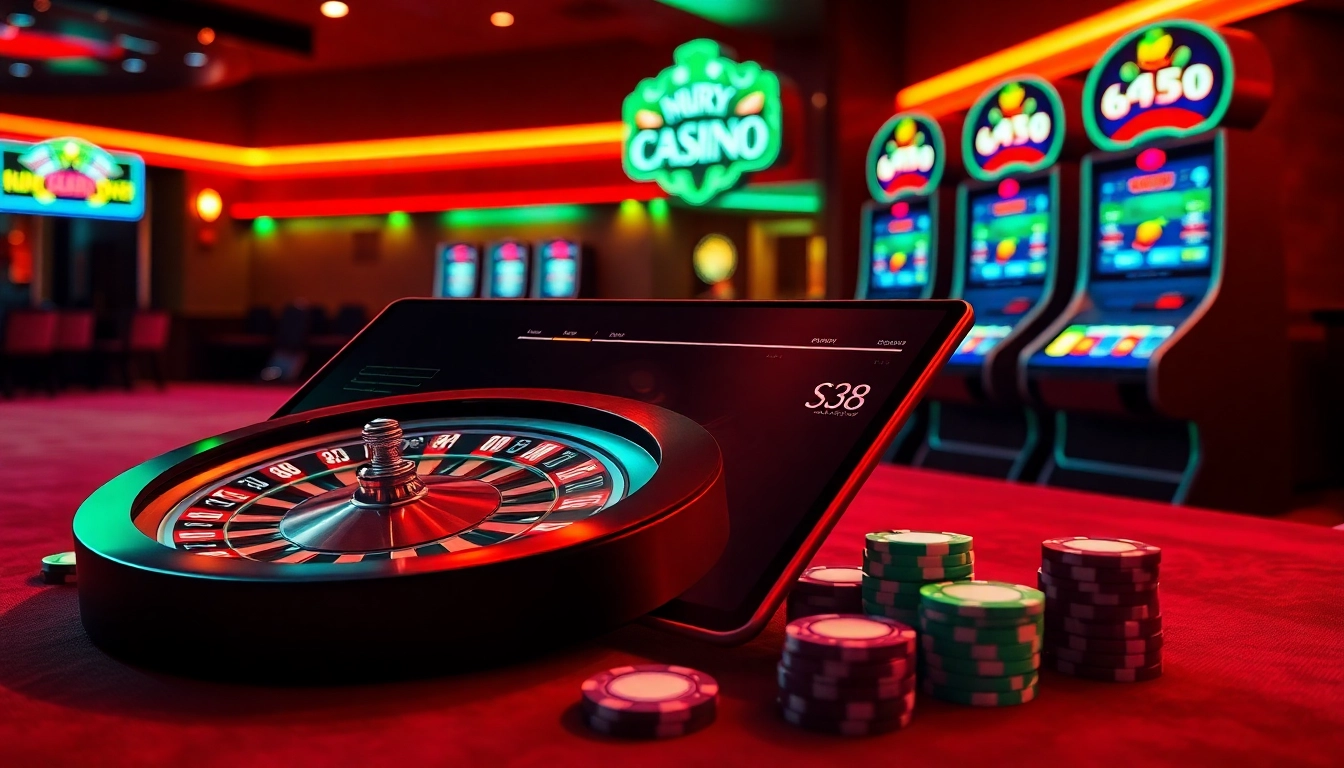 Engage with link s8 at a vibrant online casino featuring poker chips and slot machines.