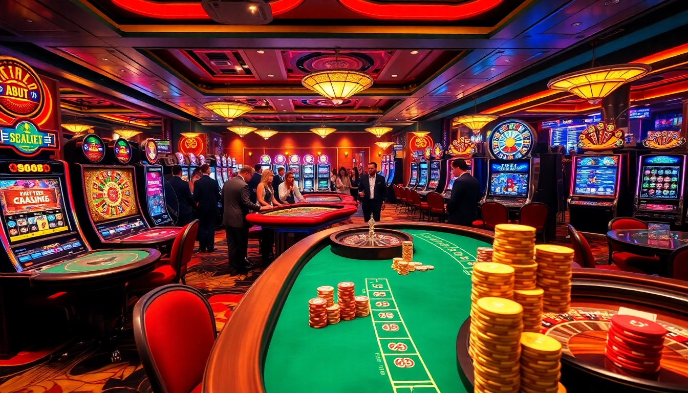 Players engaging at casino tables featuring the s666 poker chips amidst a vibrant gaming atmosphere.