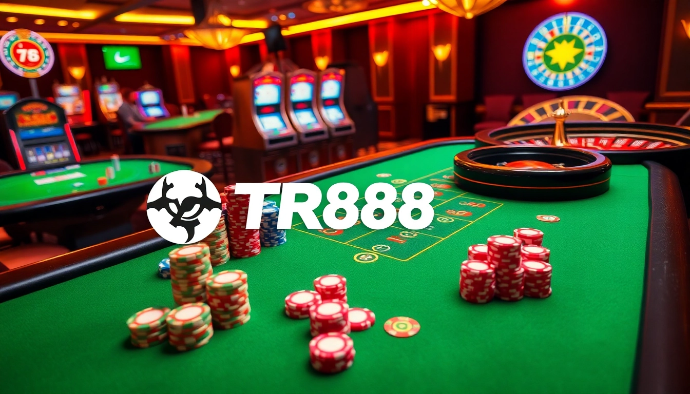 Players enjoying games on https://tr88games.com/ with vibrant casino tables, poker chips, and slot machines.