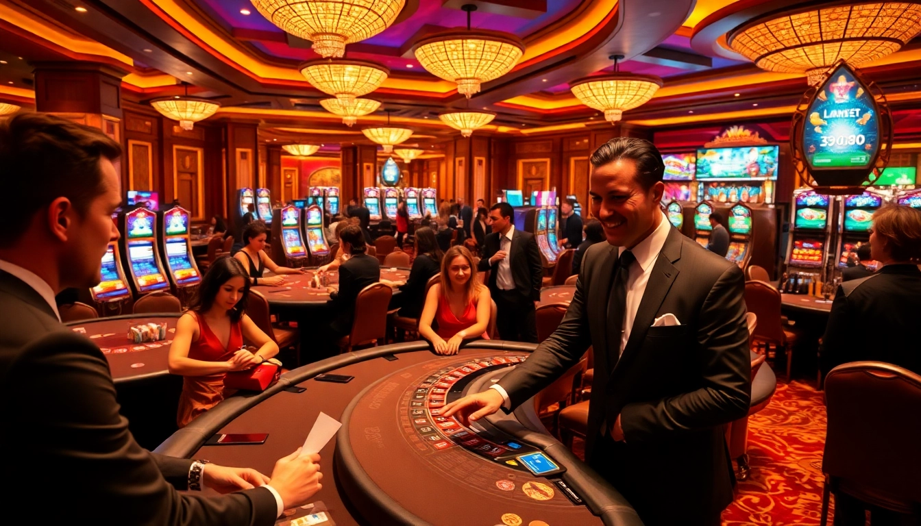 Exciting casino scene with players at jl 55 gaming tables showcasing poker chips, betting slips, and lively roulette.
