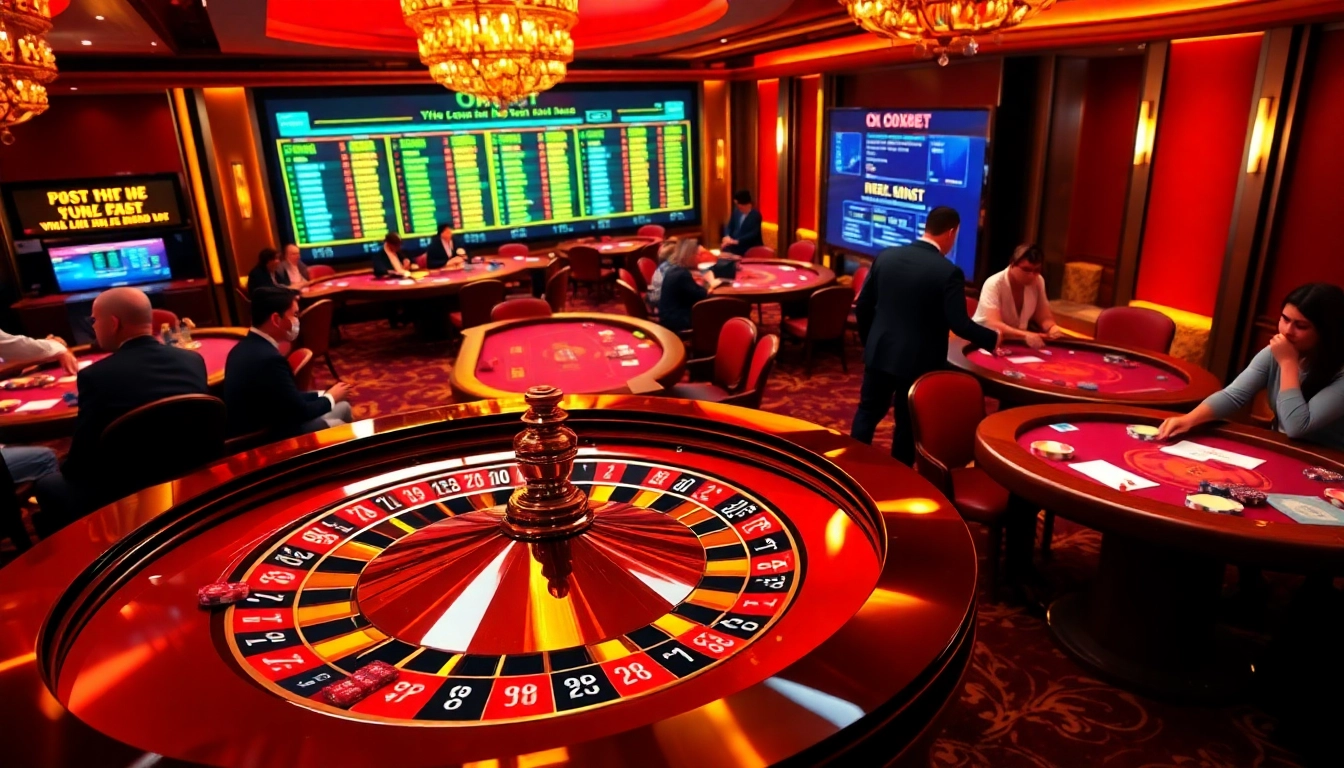 Experience the thrill of OXBET with vibrant casino gaming featuring poker tables and roulette wheels.