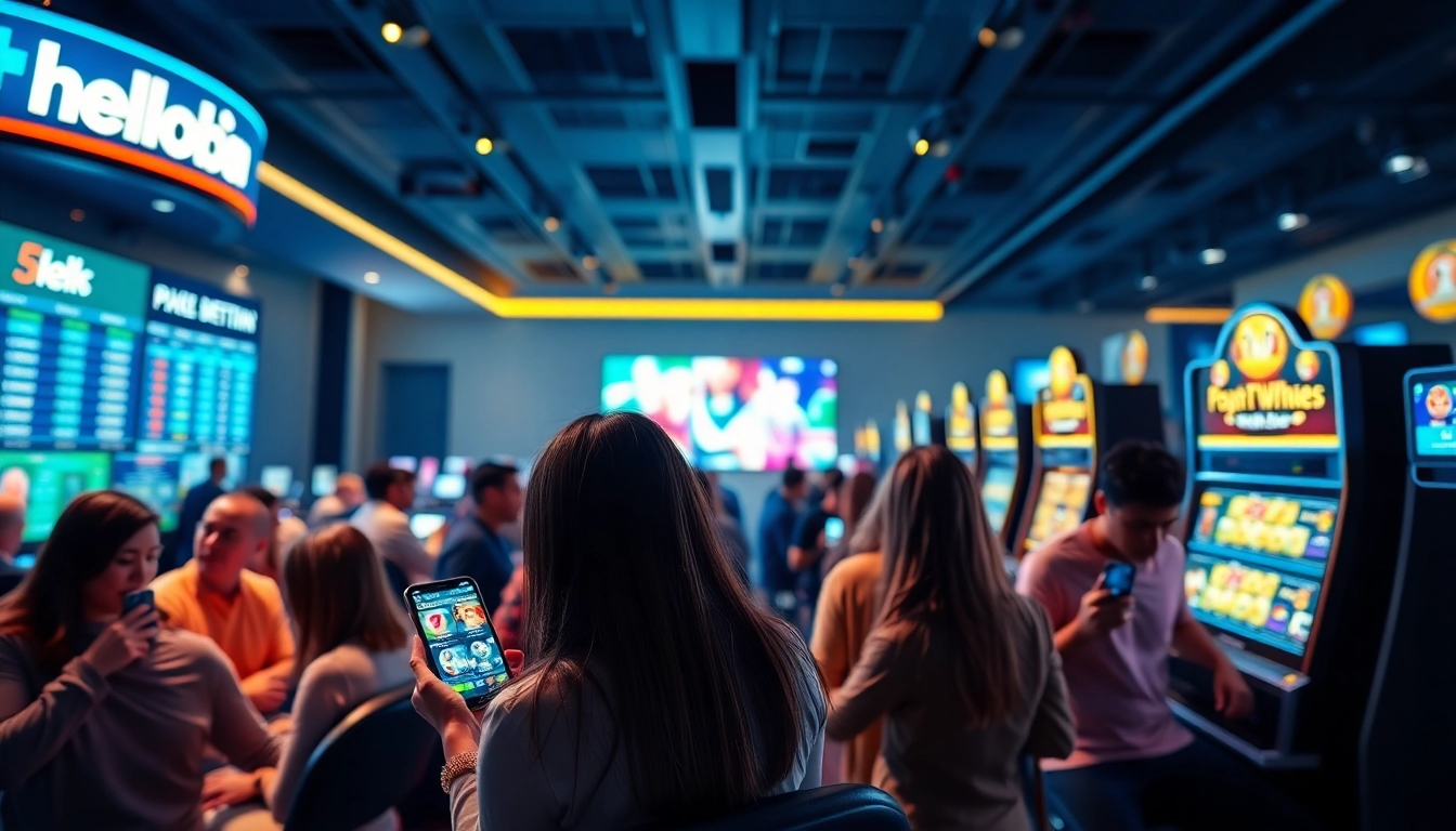 A dynamic and modern scene showcasing the hello88win.live online gaming experience with enthusiastic players using various devices.