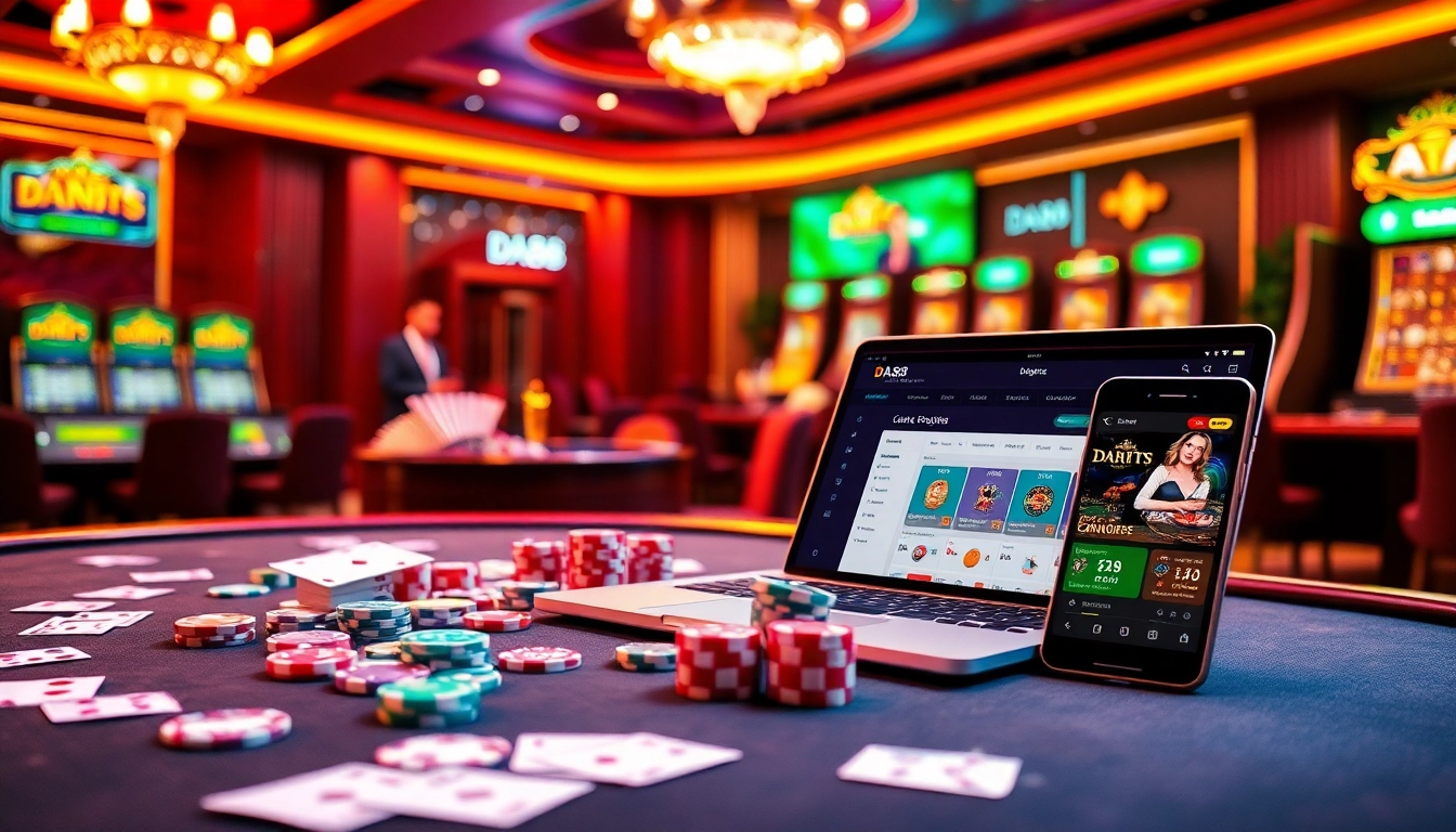 Experience thrilling online gaming at https://da88j.com/ with exciting casino tables and vibrant poker chips.