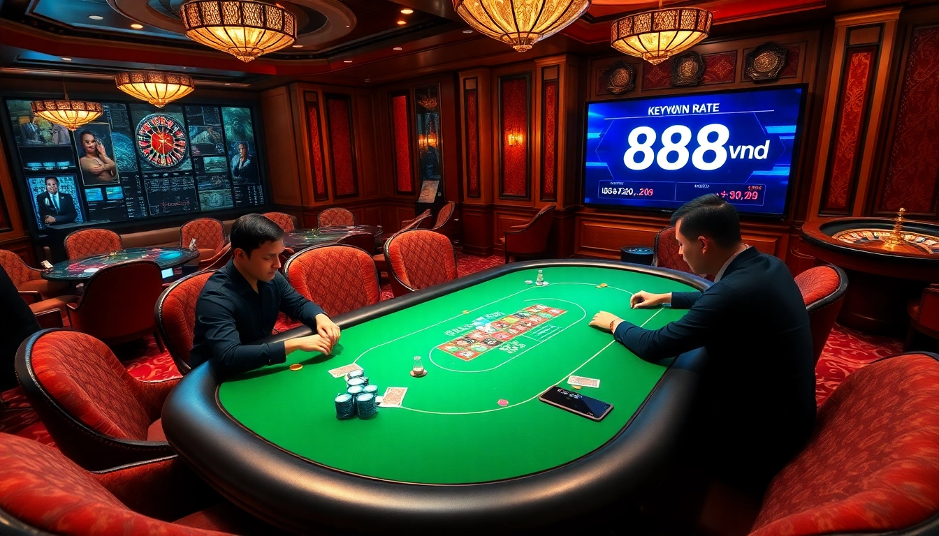 Excited players at a high-stakes poker table in a luxurious casino highlighting 888vnd currency exchange.
