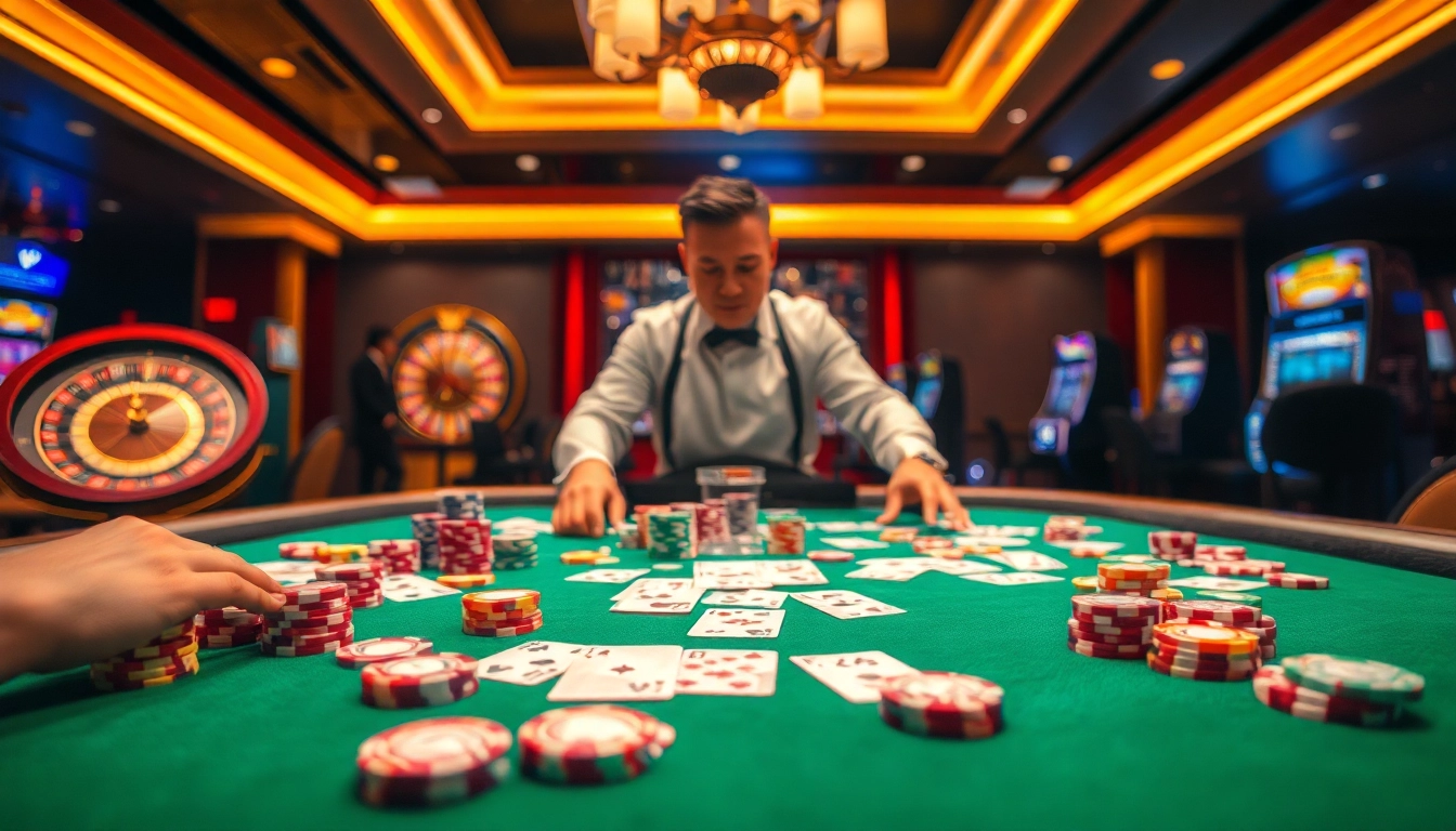 Engaging casino scene showcasing F168 nhà cái with poker and roulette, enticing gamblers.