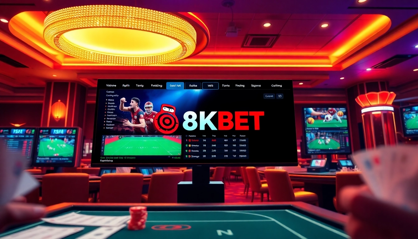 Thể thao 8KBET engaging sports betting scene with vibrant graphics and sleek betting interface.
