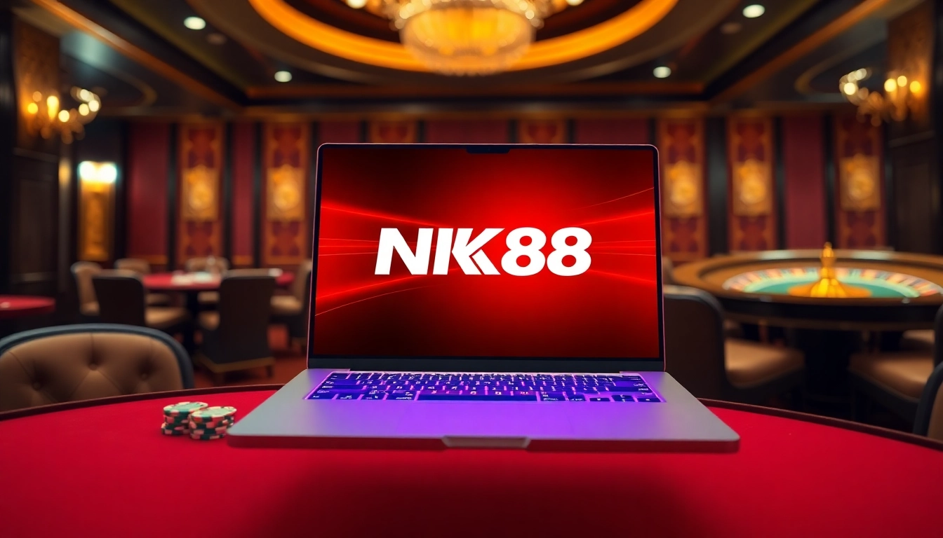 Experience NK88 trang chủ with a thrilling casino scene featuring online gambling elements and vibrant colors.