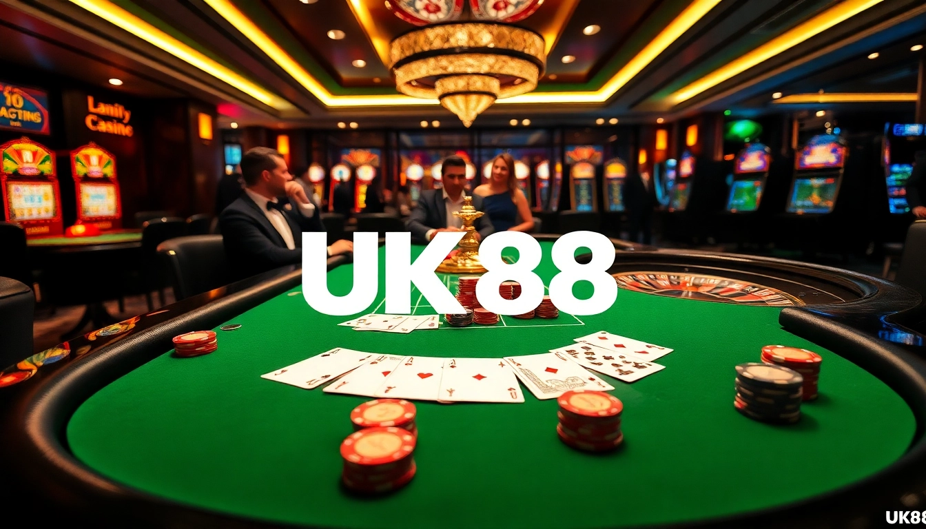 Players enjoying an exciting poker game at UK88 casino, showcasing vibrant chips and cards.