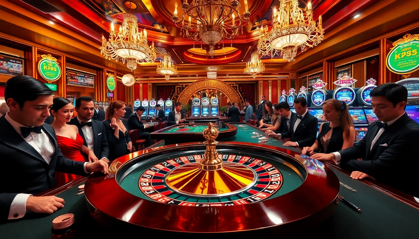 Exciting gambling action at Kp88 casino, featuring roulette and poker tables.