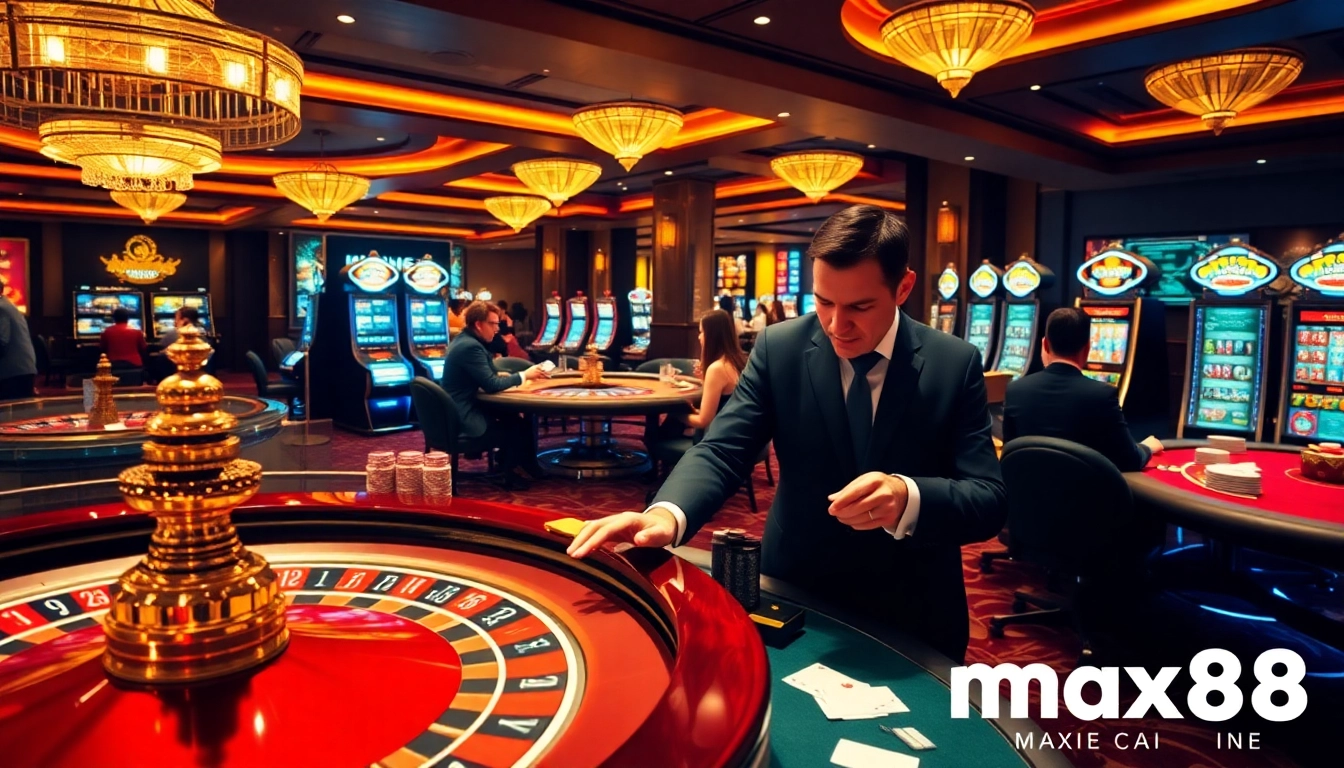 Experience the thrilling atmosphere of nhà cái max88, with players enjoying casino games and vibrant slot machines.