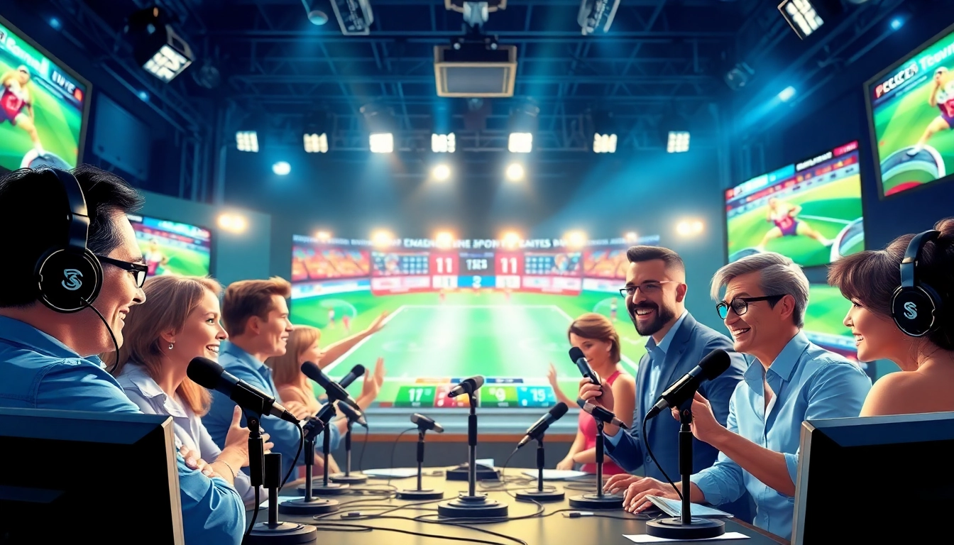 Engaging sports broadcasting presenters discussing live events in a vibrant studio.