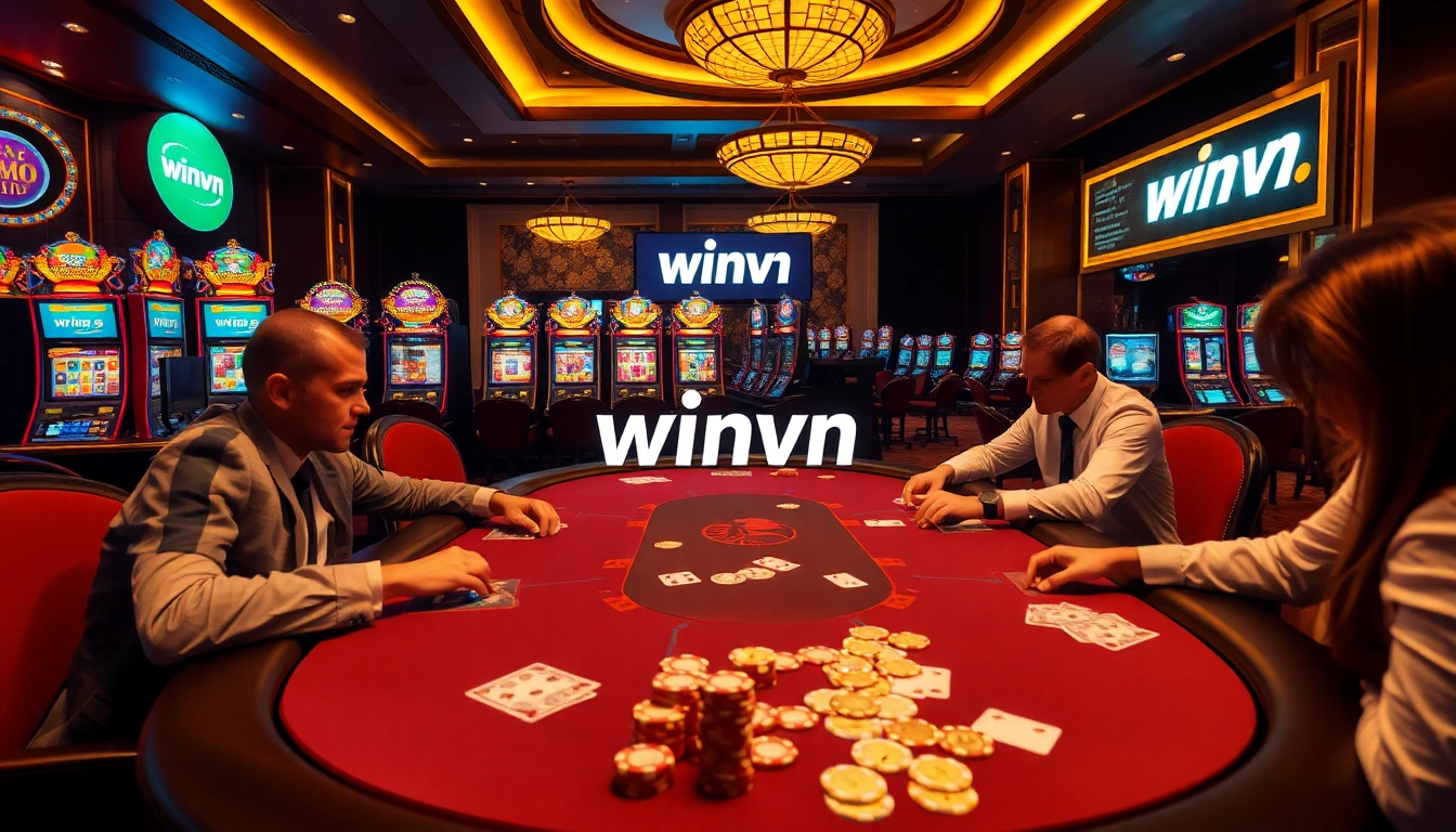 Experience the thrilling atmosphere of winvn with a high-stakes poker game amidst luxurious casino decor.