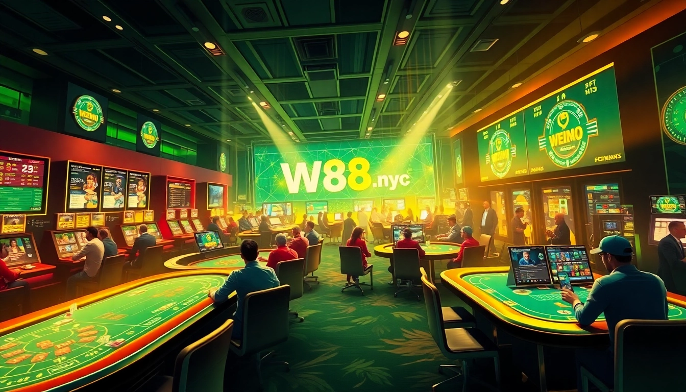Experience the excitement of W88.nyc's online gambling world with a captivating casino-themed digital illustration.