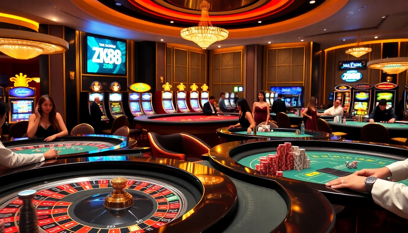 ZK88 players engaging in high-stakes blackjack and roulette at a luxurious casino setup.