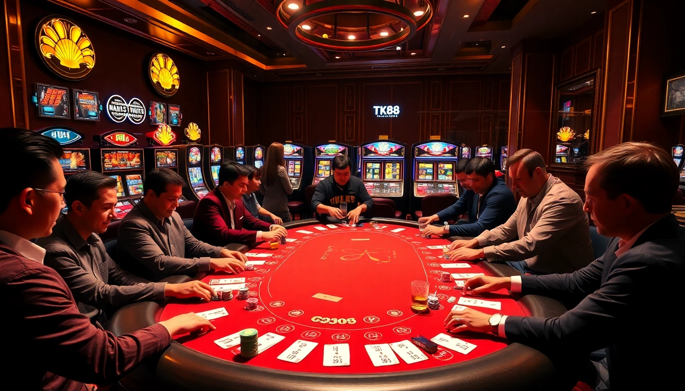 TK88 Casino scene featuring players gambling at a vibrant poker table with exciting visuals.