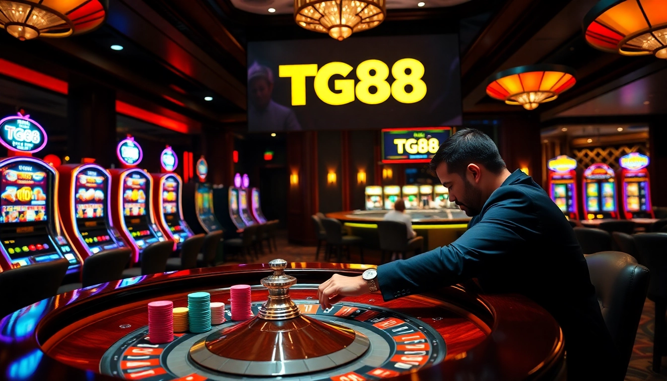 Engaging gameplay at TG88 roulette table surrounded by vibrant slot machines.