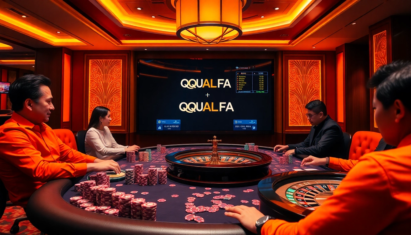 Experience the thrill of winning at QQALFA's glamorous casino table with poker chips and cards.