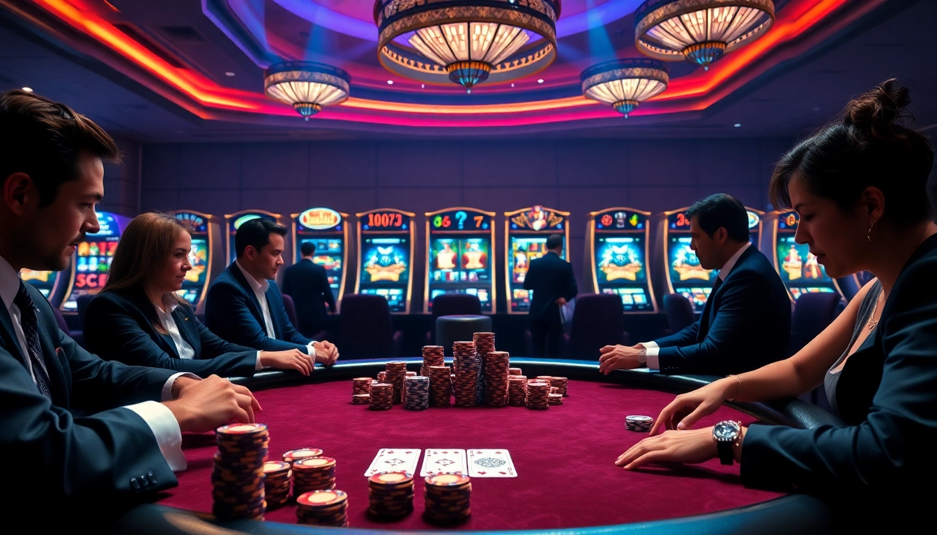 Players enjoying a high-stakes game at ABCVIP's luxurious casino tables filled with poker chips.