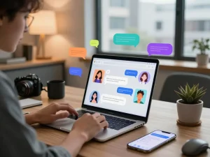 Engaging with Crushon AI chatbot on a sleek laptop in a modern workspace