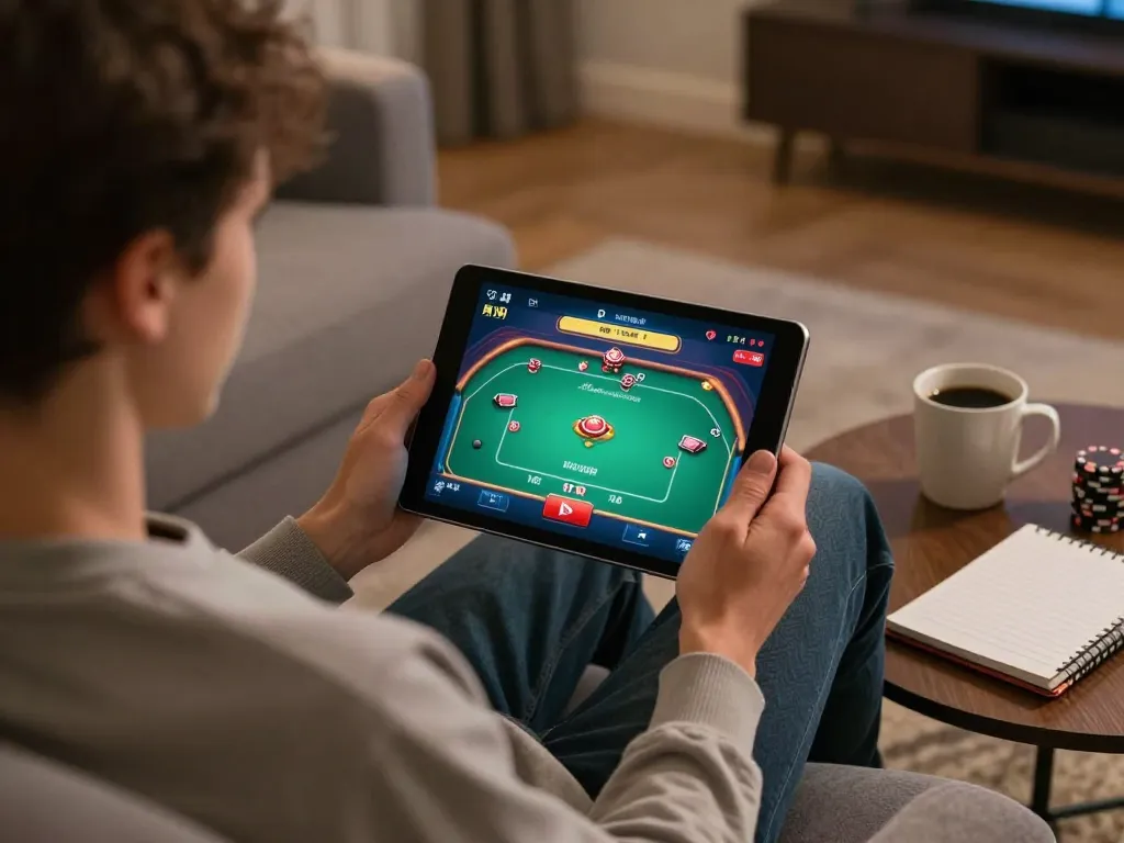 Engaging in online gambling at trang chủ uu88 with a tablet displaying poker strategy