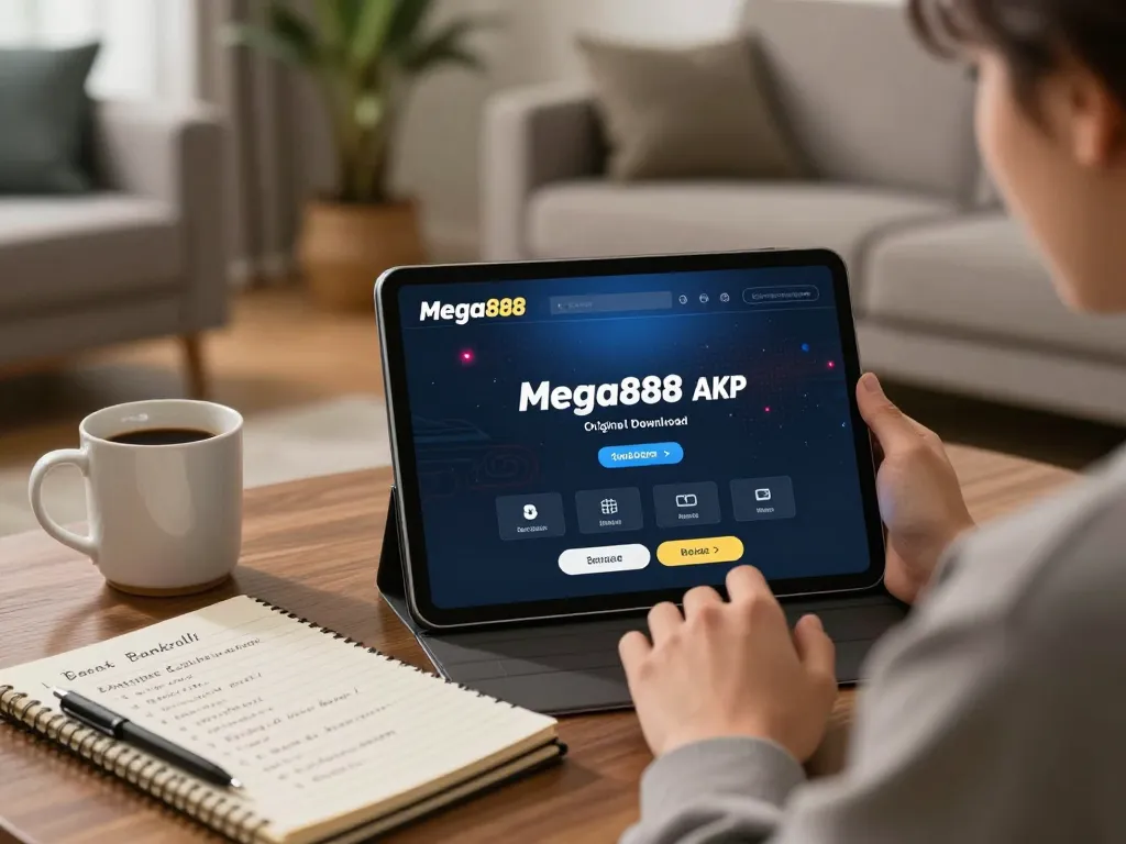 Mega888 apk original download on tablet in a modern living room, highlighting responsible gaming strategy.