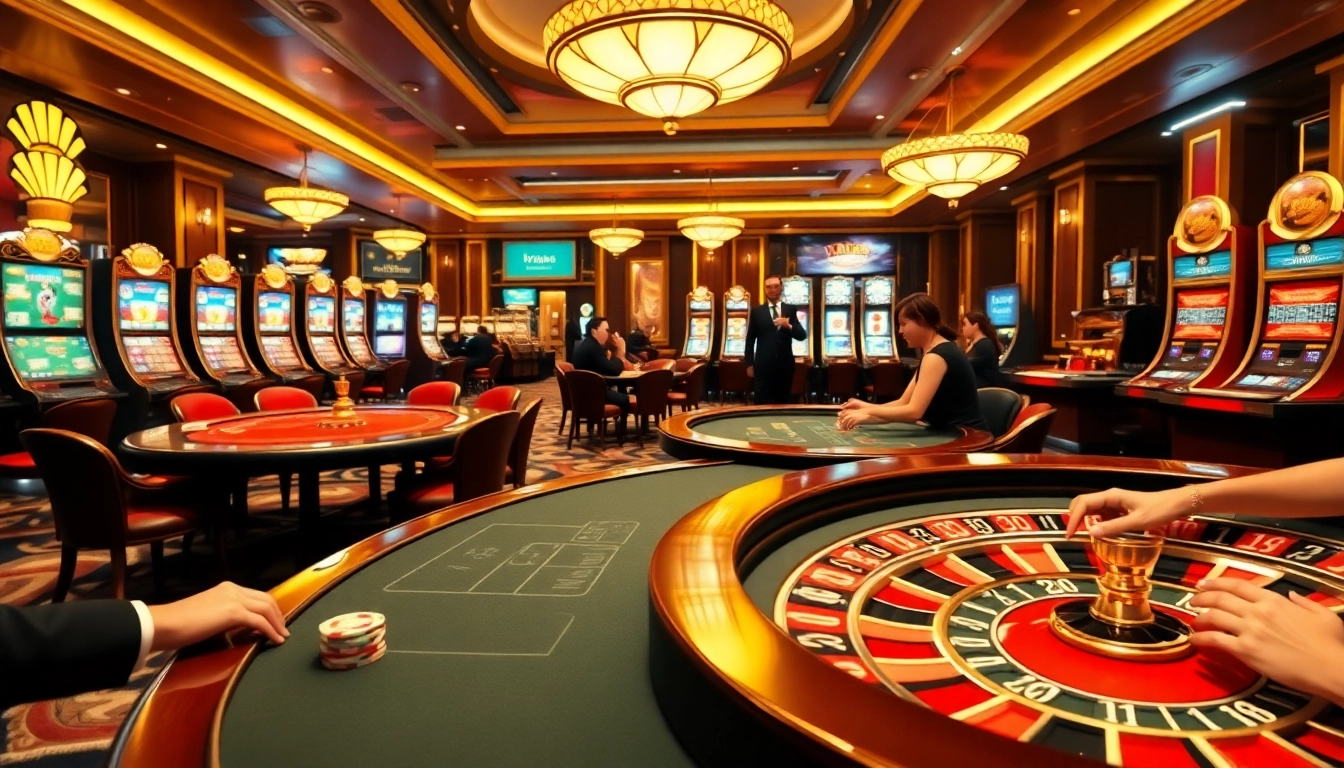 A vibrant gaming scene showcasing Nhà cái uy tín with luxurious casino tables, poker players, and colorful slot machines.