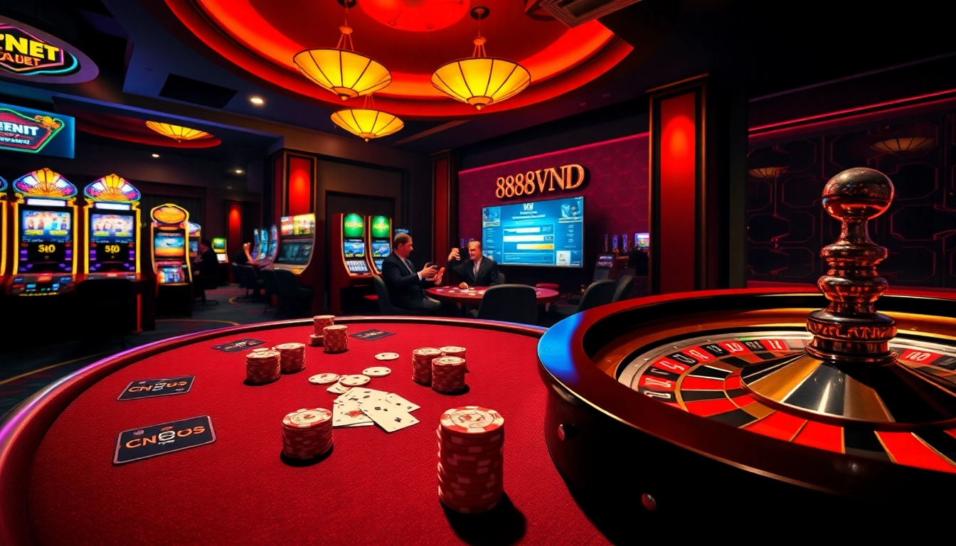 Experience the excitement of 888VND BET with dynamic casino visuals of poker, slots, and live betting screens.