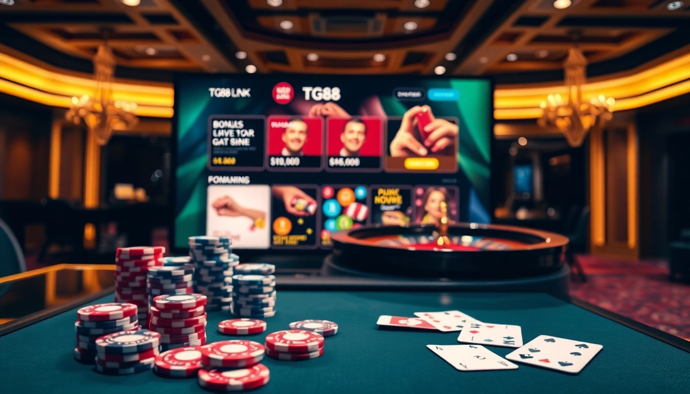 Experience the thrill of online gaming with tg88 link and vibrant casino visuals featuring poker chips and cards.