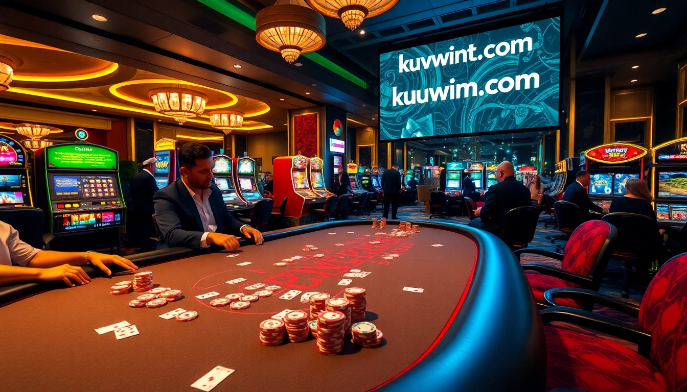 Engaging scene at kuwinblog.com showcasing luxury casino gaming with poker players and slot machines.