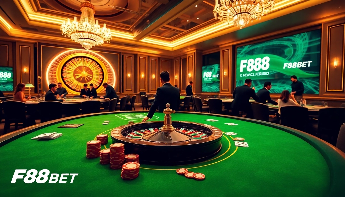 High-stakes gameplay at F88BET casino, showcasing vibrant tables and engaged players.