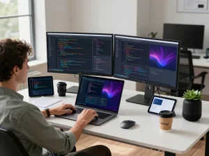 Developer working on moltbot ai integration in a contemporary workspace with monitors and coding tools.