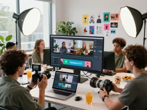 Team creating AI videos with ai seedance 2.0 in a dynamic studio setting.