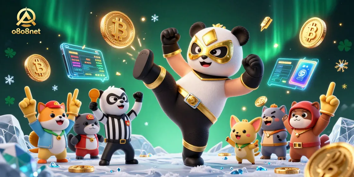 Witness the excitement at o8o8net as a panda wrestler kicks into action amidst colorful cryptocurrencies.