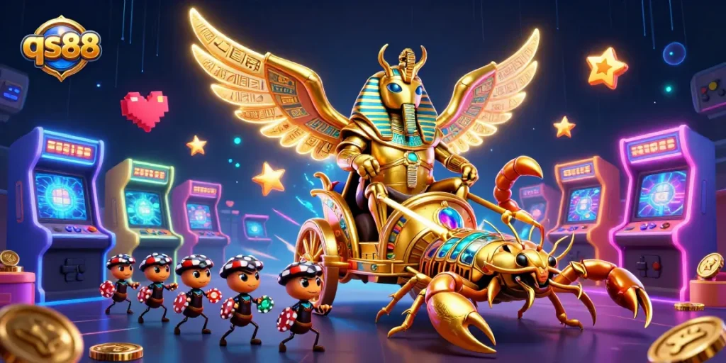 Experience thrilling gaming with qs88, featuring a golden scarab in a colorful online casino scene.
