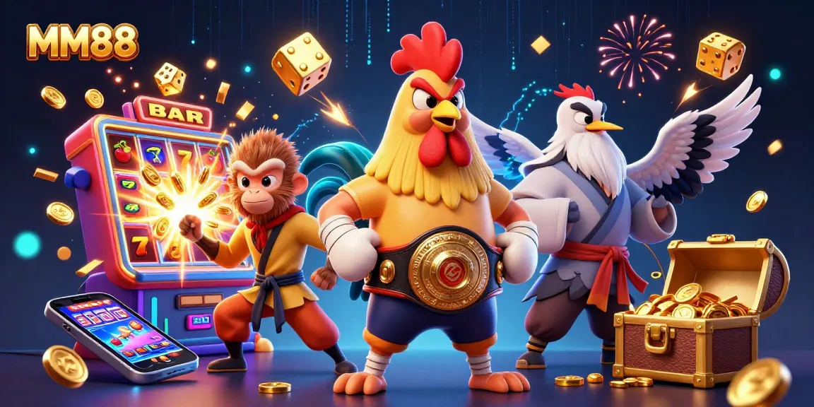 Experience MM88 excitement with fierce roosters and martial arts in a vibrant casino scene!