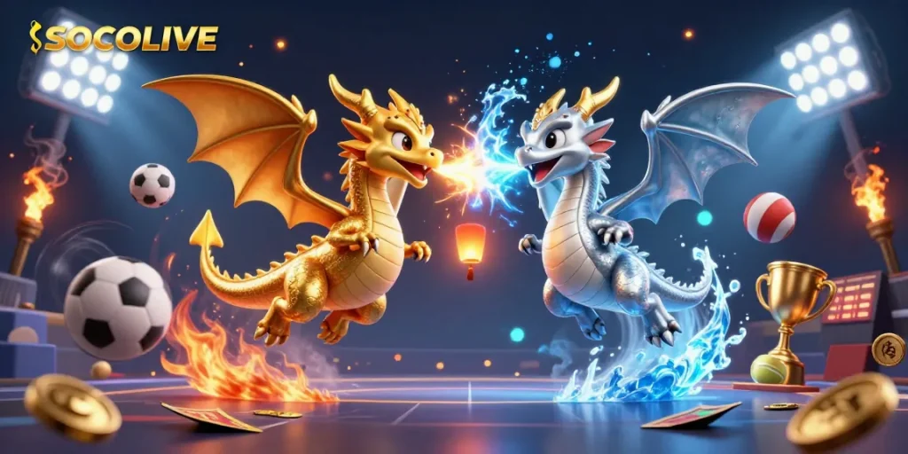 SOCOLIVE showcases a dynamic battle between gold and silver dragons while betting slips and sports balls fly around in a captivating sports betting scene.