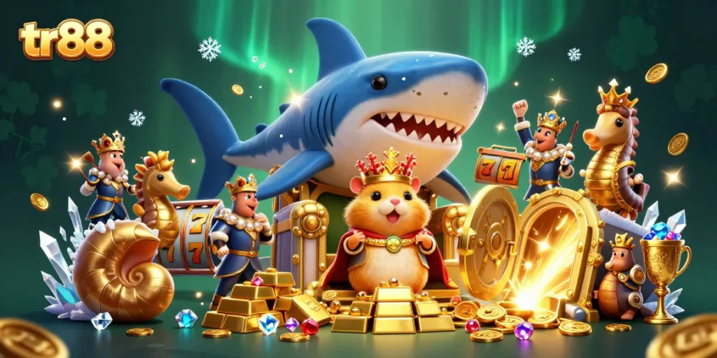Winning jackpots with tr88 in a vibrant 3D casino scene featuring treasure and gaming elements.