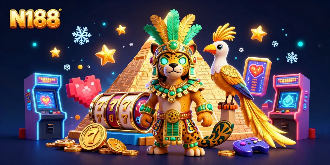 N188 showcases a vibrant 3D casino scene with Mayan-inspired characters, slot games, and arcade elements.