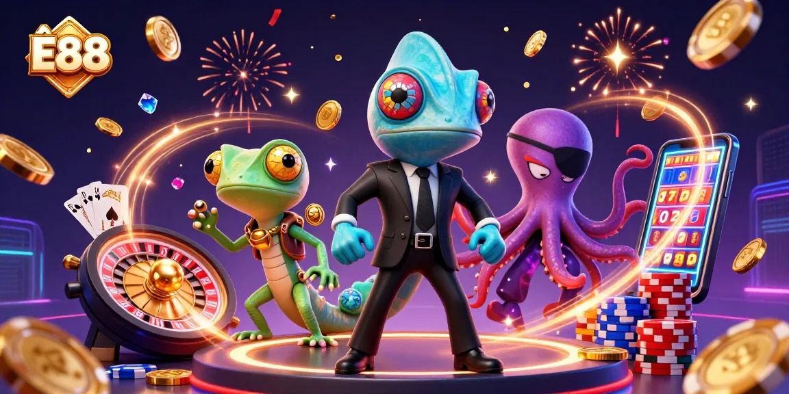 Engage in thrilling moments with Ê88, exploring vibrant casino adventures with chameleon characters and dynamic game elements.