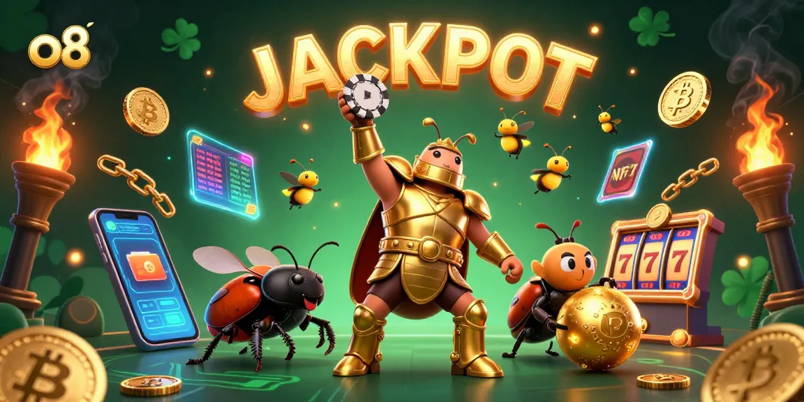 Engage with o8's vibrant gaming scene featuring a 3D gladiator beetle celebrating a jackpot win.