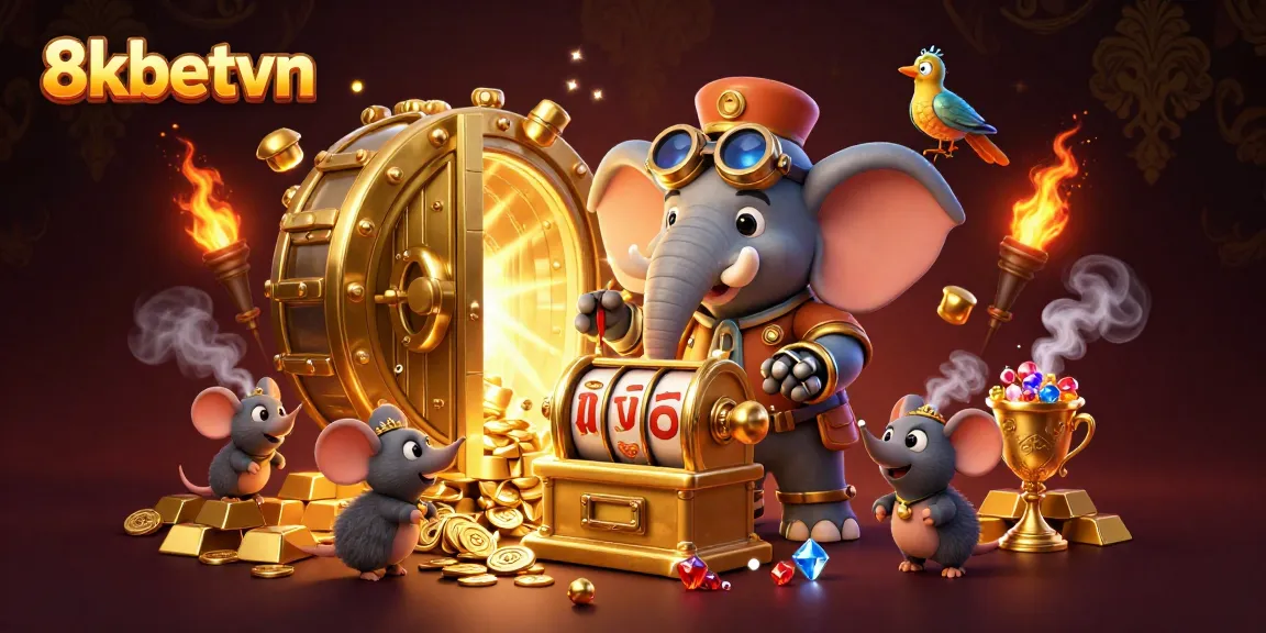 Experience thrilling gaming adventures at 8kbetvn with steampunk characters and golden treasures in a vibrant casino scene.