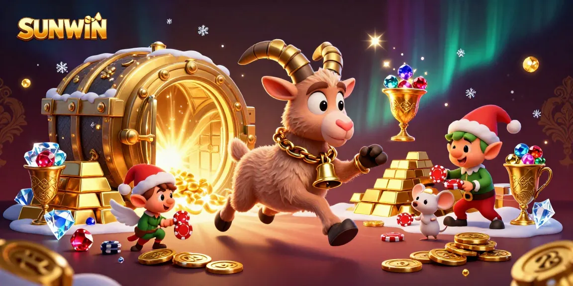 SUNWIN casino scene featuring a festive Krampus goat overseeing an energetic holiday gaming atmosphere.