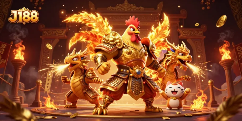 Engage with J188's thrilling gaming adventure featuring a rooster warrior and dragon hatchling.