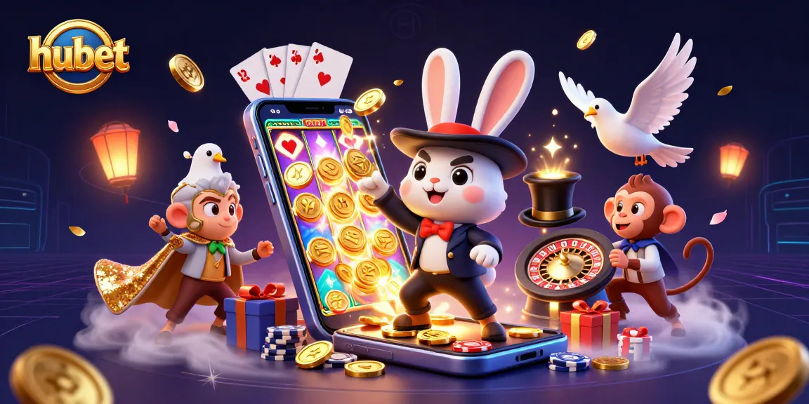 Experience the thrill of hubet with a 3D magician pulling golden coins, a dove, and monkey amidst casino games.