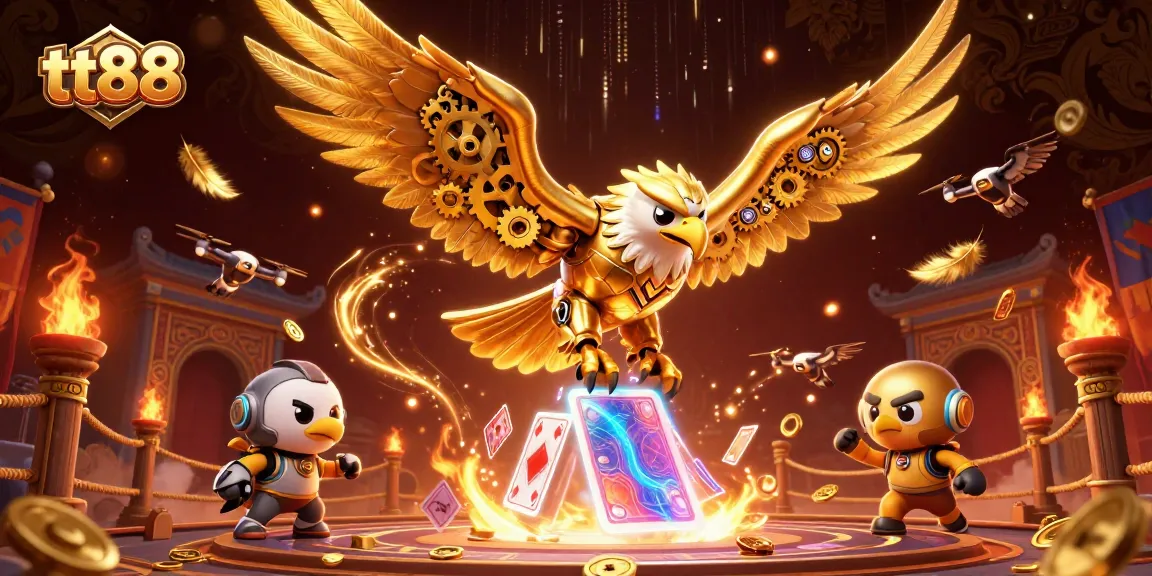 Engage with dynamic gaming at tt88, featuring a cybernetic eagle soaring through holographic cards and vibrant elements.